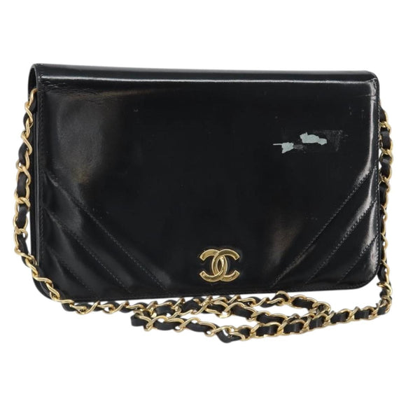 CHANEL Chain Shoulder Bag Patent leather Black Gold CC Auth BA9872