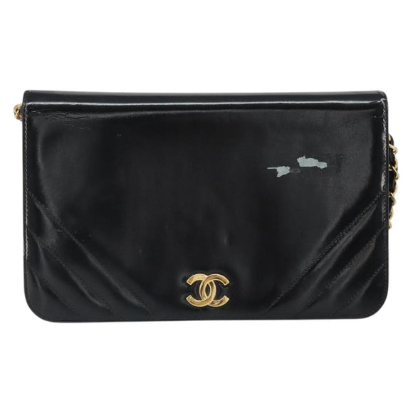 CHANEL Chain Shoulder Bag Patent leather Black Gold CC Auth BA9872