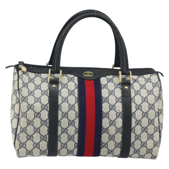 GUCCI GG Supreme Sherry Line Boston Bag PVC Navy Gold 33 013 4133 Auth BA9898