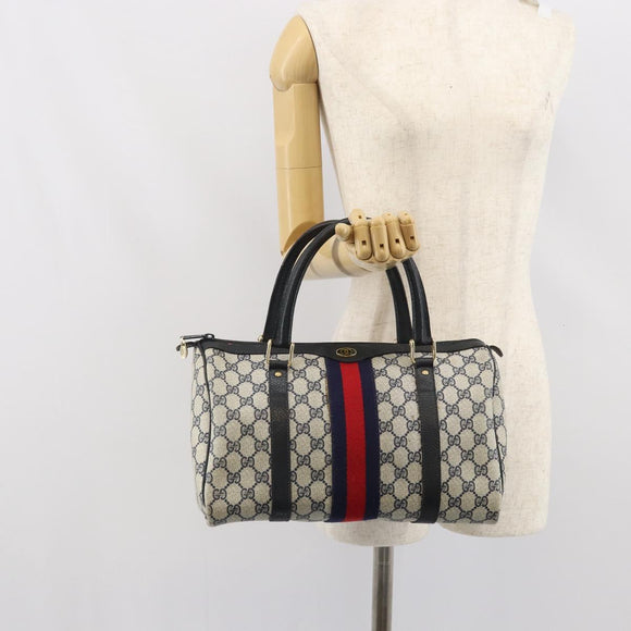 GUCCI GG Supreme Sherry Line Boston Bag PVC Navy Gold 33 013 4133 Auth BA9898