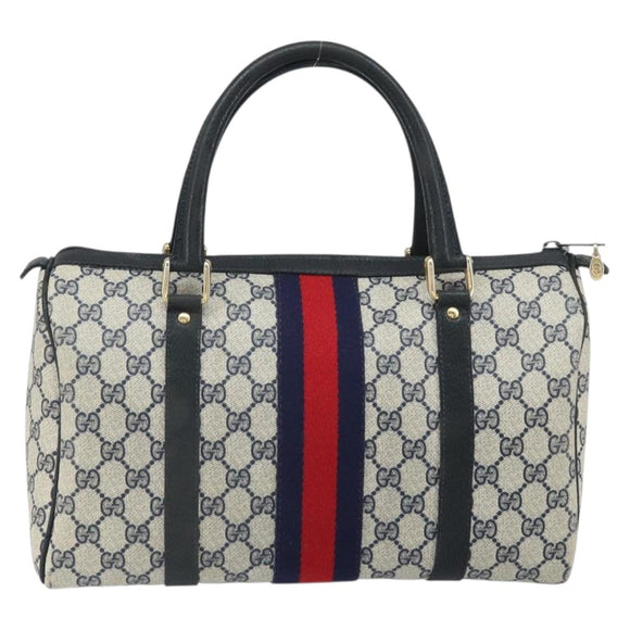 GUCCI GG Supreme Sherry Line Boston Bag PVC Navy Gold 33 013 4133 Auth BA9898