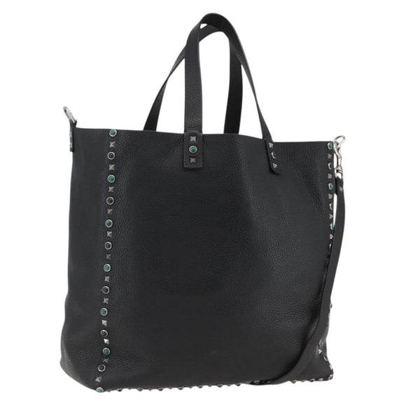 VALENTINO Tote Bag Leather 2way Black Silver Auth BA9899