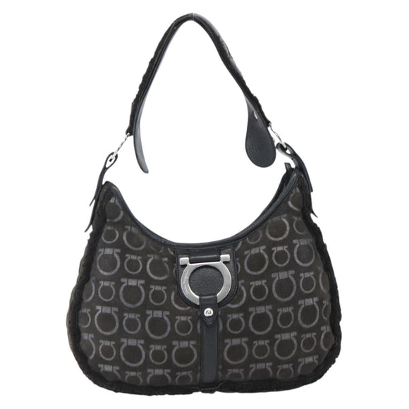 Salvatore Ferragamo Gancini Shoulder Bag cotton Black Silver Auth BA9901V