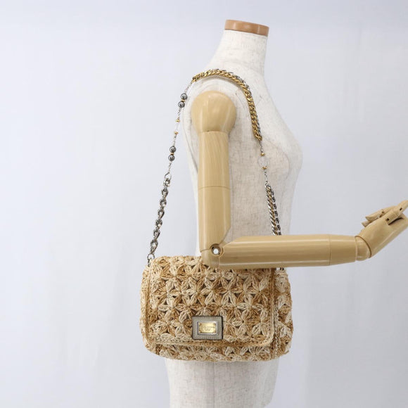 DOLCE&GABBANA Chain Shoulder Bag Raffia Beige Gold Silver Auth BA9904V