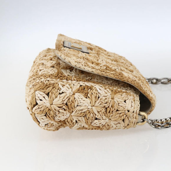 DOLCE&GABBANA Chain Shoulder Bag Raffia Beige Gold Silver Auth BA9904V