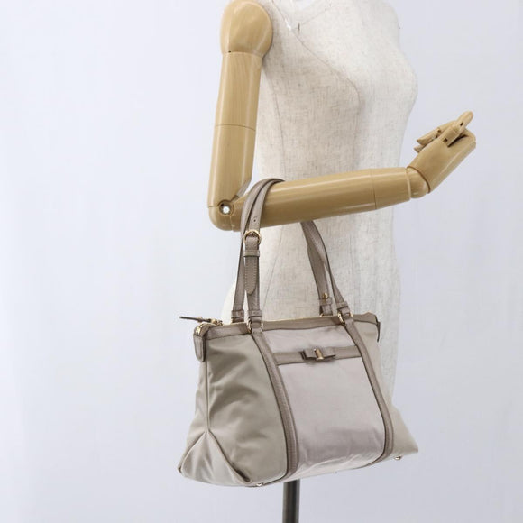 Salvatore Ferragamo Hand Bag Nylon Beige Gold Auth BA9908