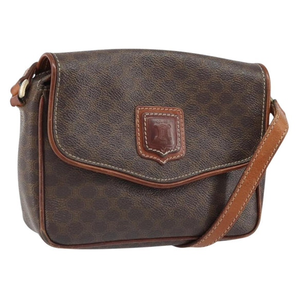 CELINE Macadam Canvas Shoulder Bag PVC Leather Brown Gold Auth BA9922