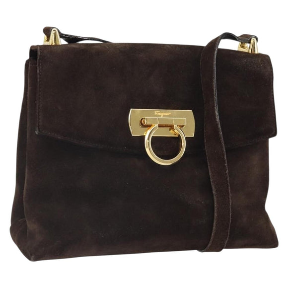 Salvatore Ferragamo Gancini Shoulder Bag Suede Brown Gold Auth BA9944