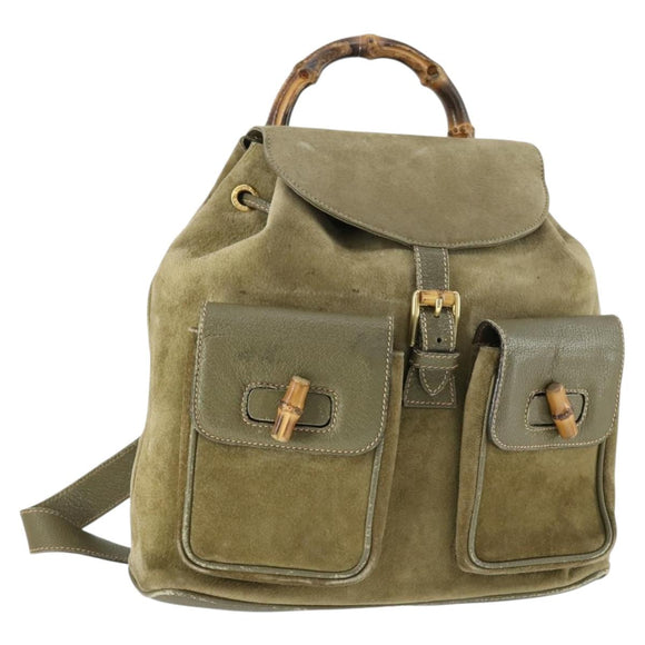 GUCCI Bamboo Backpack Suede Khaki Gold 003 58 0016 Auth BA9952