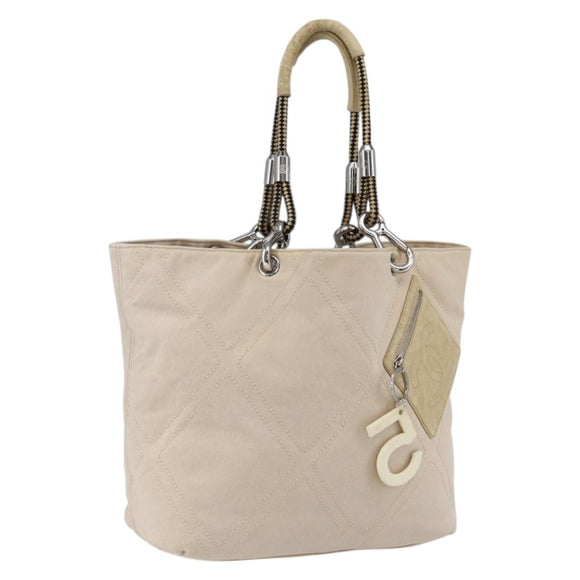 CHANEL Tote Bag Canvas Beige Silver CC Auth BA9964