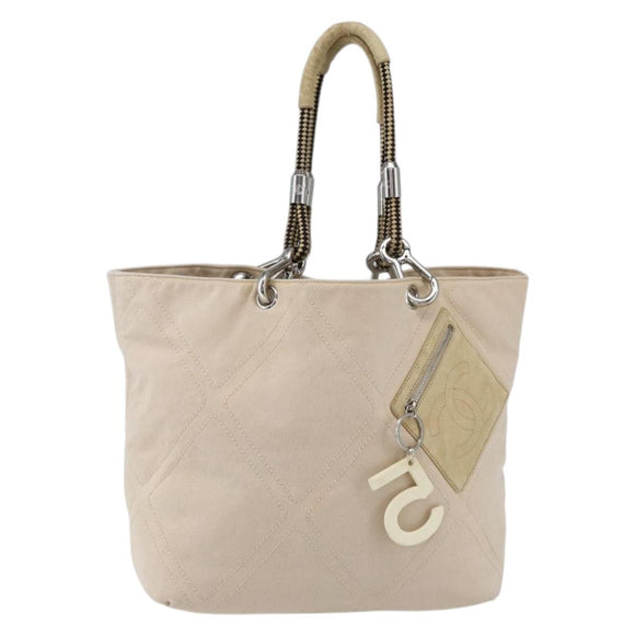 CHANEL Tote Bag Canvas Beige Silver CC Auth BA9964