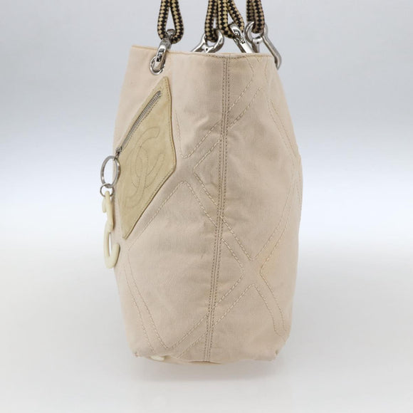 CHANEL Tote Bag Canvas Beige Silver CC Auth BA9964