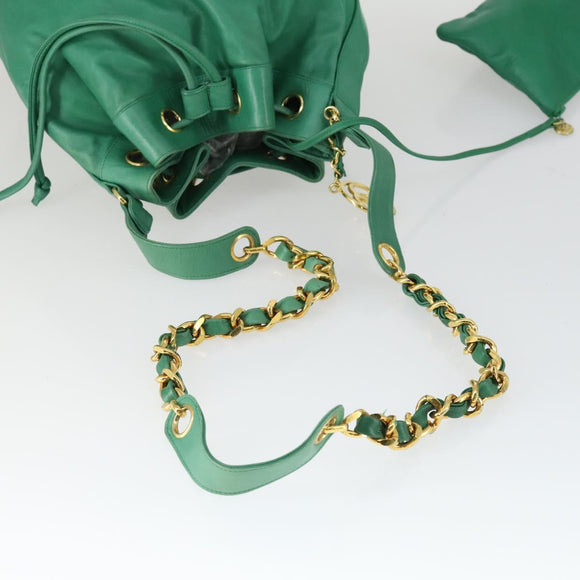CHANEL Chain Shoulder Bag Lamb Skin Green Gold CC Auth BA9966