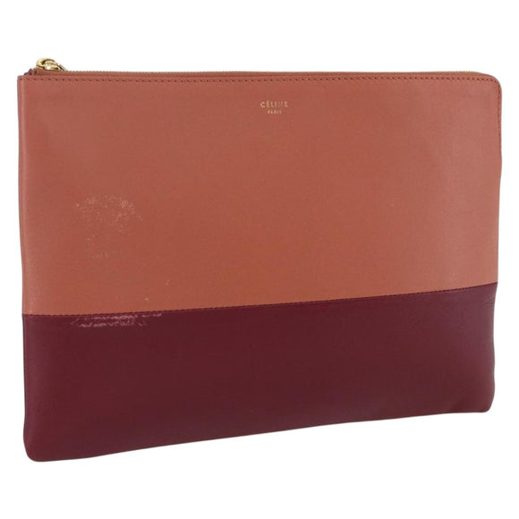 CELINE Pouch Leather Red Gold Auth BA9976