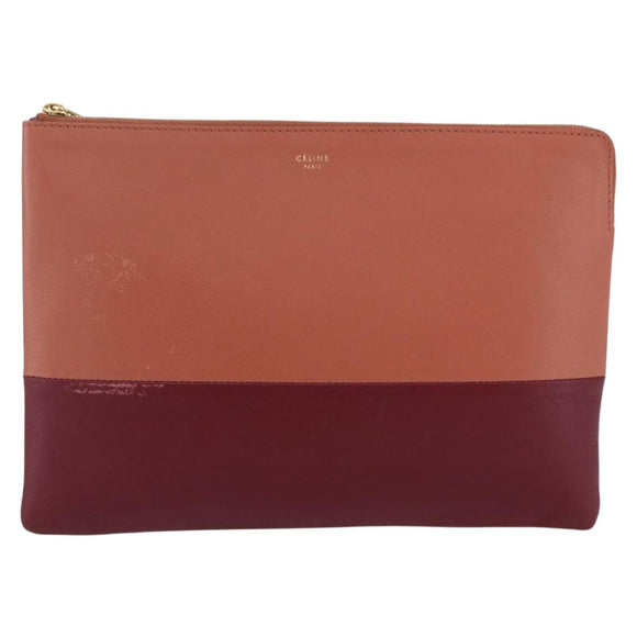 CELINE Pouch Leather Red Gold Auth BA9976