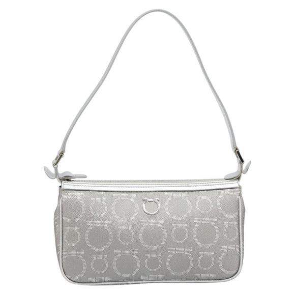 Salvatore Ferragamo Hand Pouch Leather PVC Silver Auth BA9978V