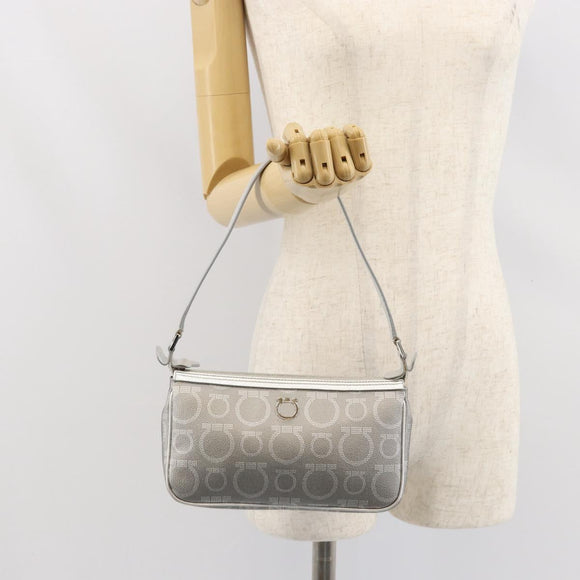 Salvatore Ferragamo Hand Pouch Leather PVC Silver Auth BA9978V