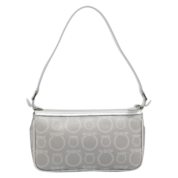 Salvatore Ferragamo Hand Pouch Leather PVC Silver Auth BA9978V