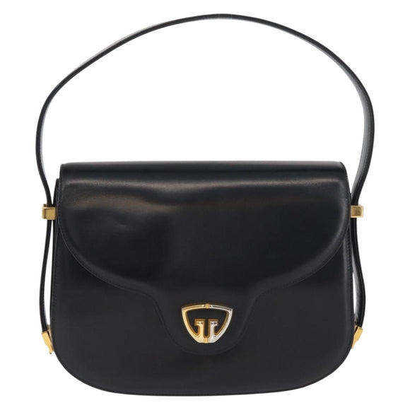 GUCCI Hand Bag Leather Black Gold Auth BAZ009