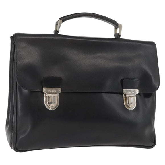 PRADA Business Bag Leather Black Silver Auth BAZ026