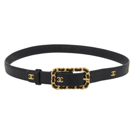 CHANEL Belt Leather 32.3"" Black Gold Auth BAZ037