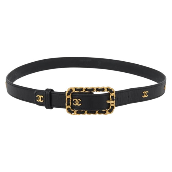 CHANEL Belt Leather 32.3"" Black Gold Auth BAZ037