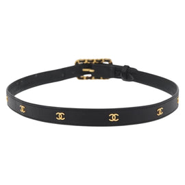 CHANEL Belt Leather 32.3"" Black Gold Auth BAZ037 - 0