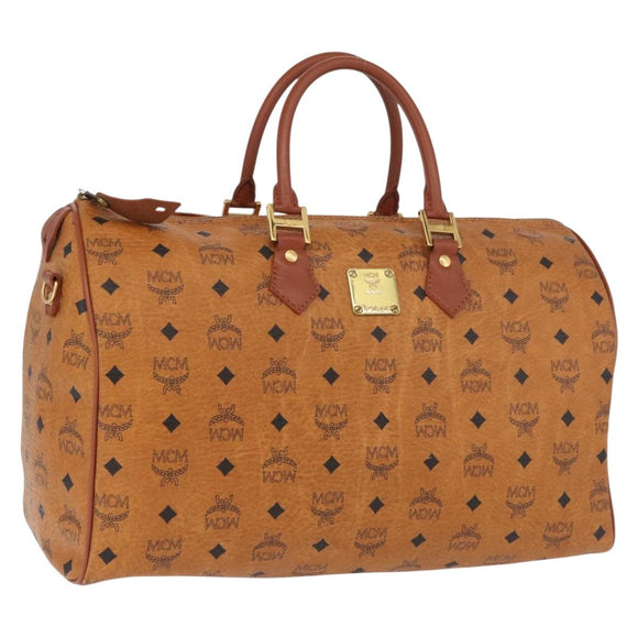 MCM Vicetos Logogram Boston Bag PVC Leather Brown Gold Auth BAZ070A