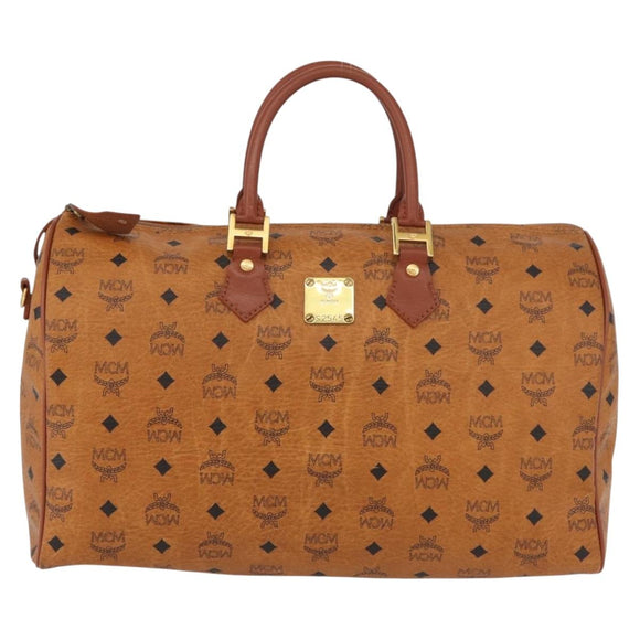 MCM Vicetos Logogram Boston Bag PVC Leather Brown Gold Auth BAZ070A