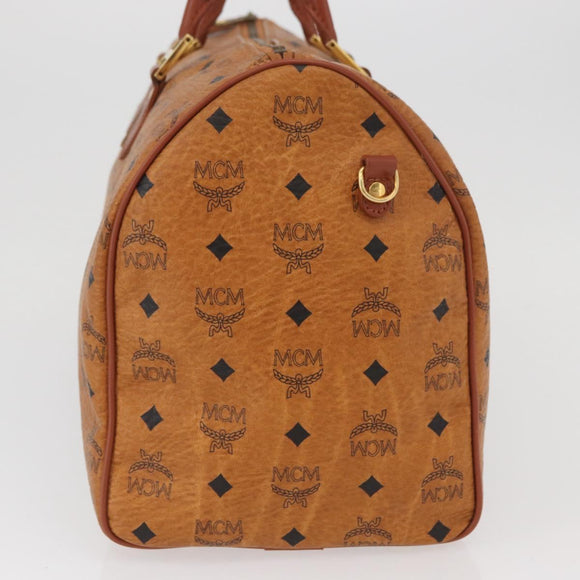MCM Vicetos Logogram Boston Bag PVC Leather Brown Gold Auth BAZ070A