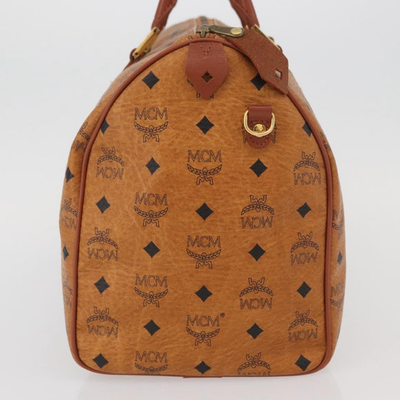 MCM Vicetos Logogram Boston Bag PVC Leather Brown Gold Auth BAZ070A
