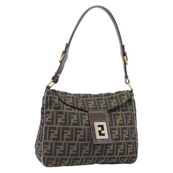 FENDI Zucca Canvas Shoulder Bag Black Brown Auth BAZ074