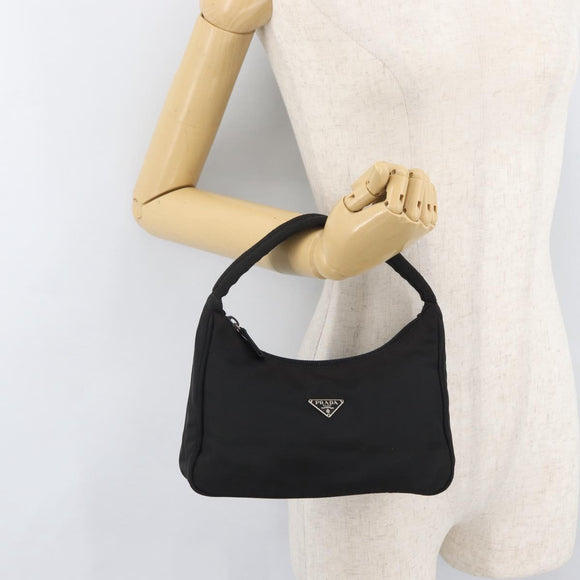 PRADA Hand Pouch Nylon Black Silver Auth BAZ078A