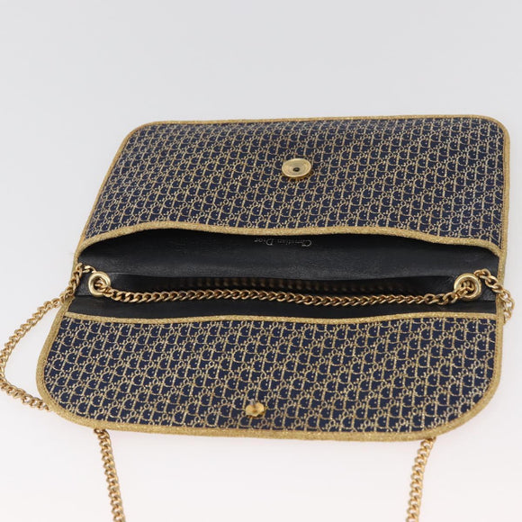 Christian Dior Trotter Canvas Chain Shoulder Bag Navy Gold Auth BAZ118A