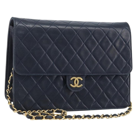 CHANEL Matelassé Chain Schultertasche Lammleder Marine Gold CC Auth BAZ147