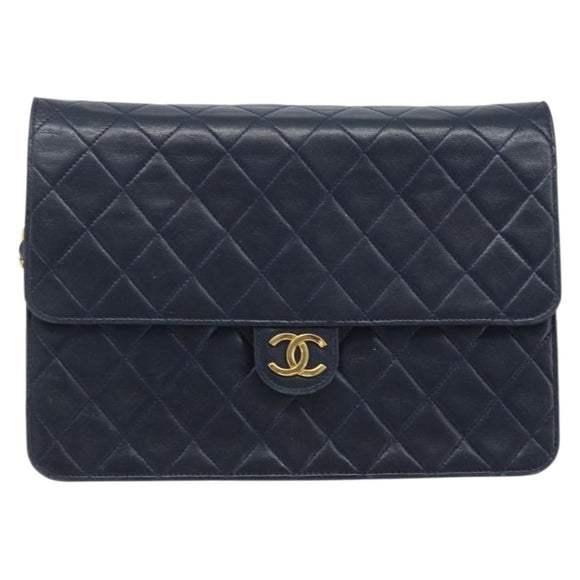 CHANEL Matelassé Chain Schultertasche Lammleder Marine Gold CC Auth BAZ147