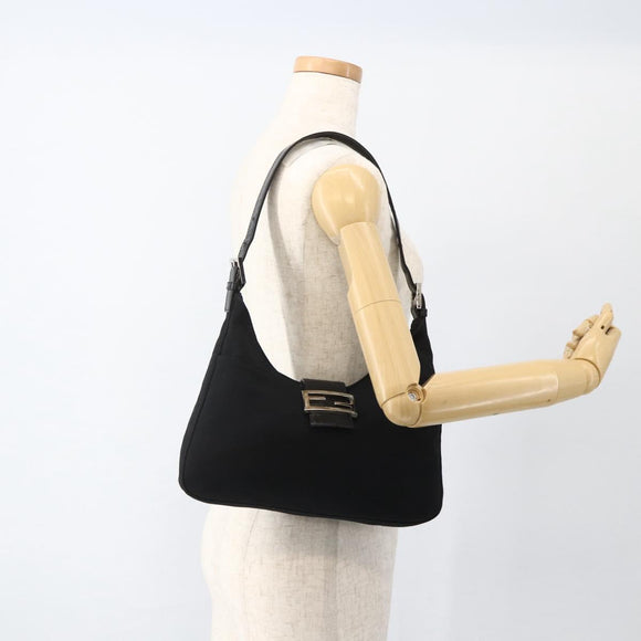 FENDI Mamma Baguette Shoulder Bag Nylon Black Silver Auth BAZ148