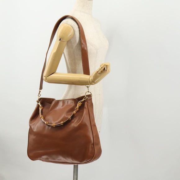 GUCCI Bamboo Shoulder Bag Leather 2way Brown Gold Auth BAZ155