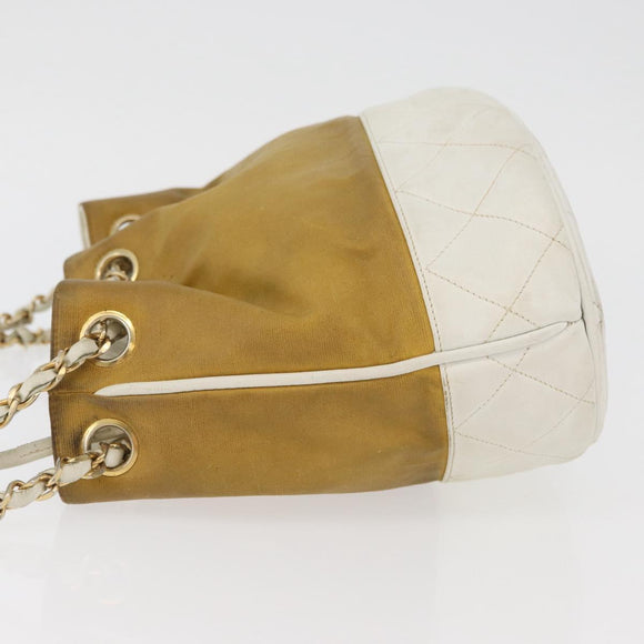 CHANEL Matelasse Drawstring Chain Shoulder Bag Leather Beige Gold CC Auth BAZ157