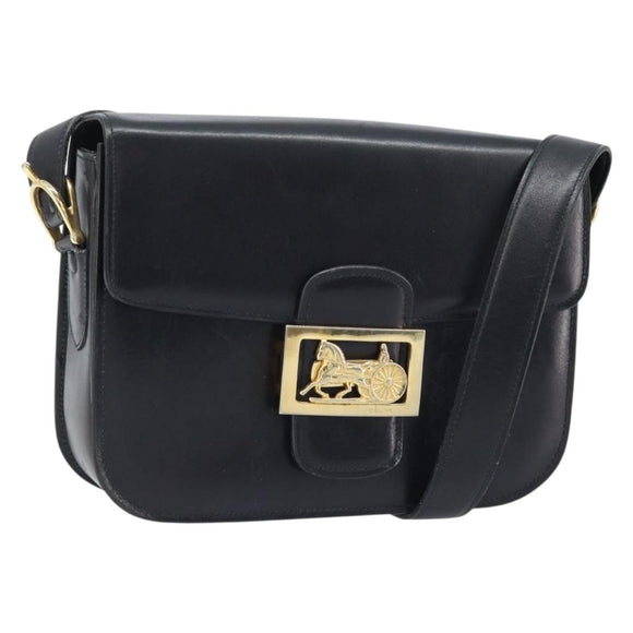 CELINE Horse Carriage Shoulder Bag Leather Black Gold Auth BAZ181