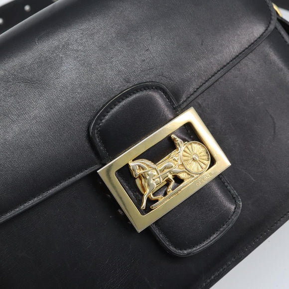 CELINE Horse Carriage Shoulder Bag Leather Black Gold Auth BAZ181