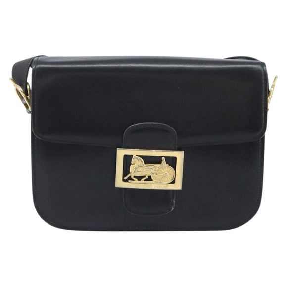 CELINE Horse Carriage Shoulder Bag Leather Black Gold Auth BAZ181