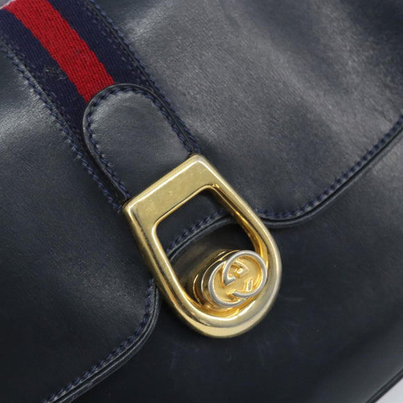 GUCCI Sherry Line Schoudertas Leer Marineblauw Goud Auth BAZ198A