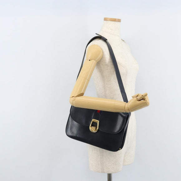 GUCCI Sherry Line Schoudertas Leer Marineblauw Goud Auth BAZ198A