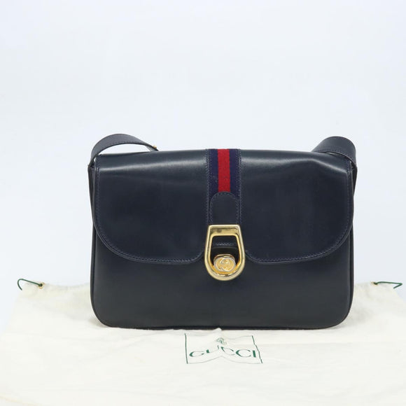 GUCCI Sherry Line Schoudertas Leer Marineblauw Goud Auth BAZ198A