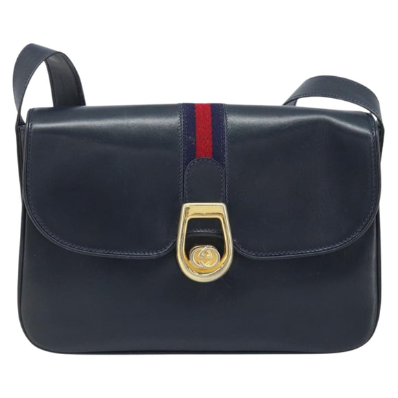GUCCI Sherry Line Schoudertas Leer Marineblauw Goud Auth BAZ198A