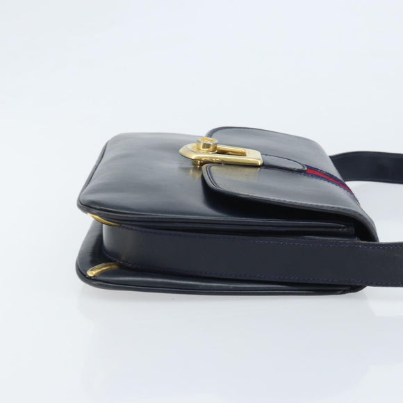 GUCCI Sherry Line Schoudertas Leer Marineblauw Goud Auth BAZ198A