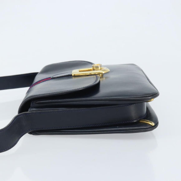 GUCCI Sherry Line Schoudertas Leer Marineblauw Goud Auth BAZ198A