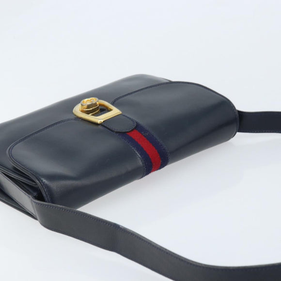 GUCCI Sherry Line Schoudertas Leer Marineblauw Goud Auth BAZ198A