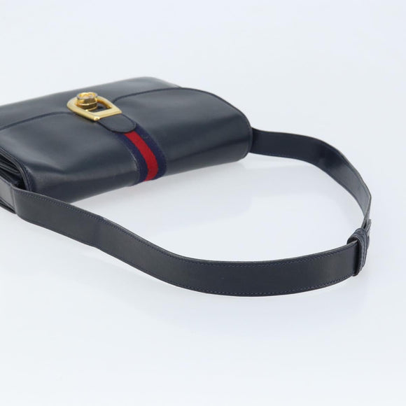 GUCCI Sherry Line Schoudertas Leer Marineblauw Goud Auth BAZ198A